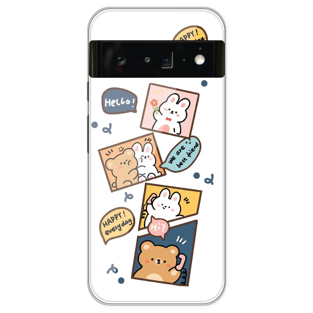 Happy Rabit And Bear - Clear Printed Silicone Case For Google Pixel 6 Pro