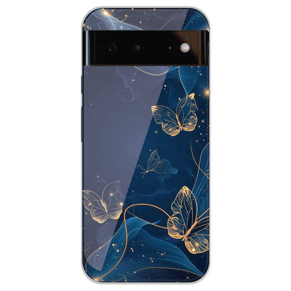 Blue With Gold Butterflies - Printed Silicone Case For Google Pixel 6