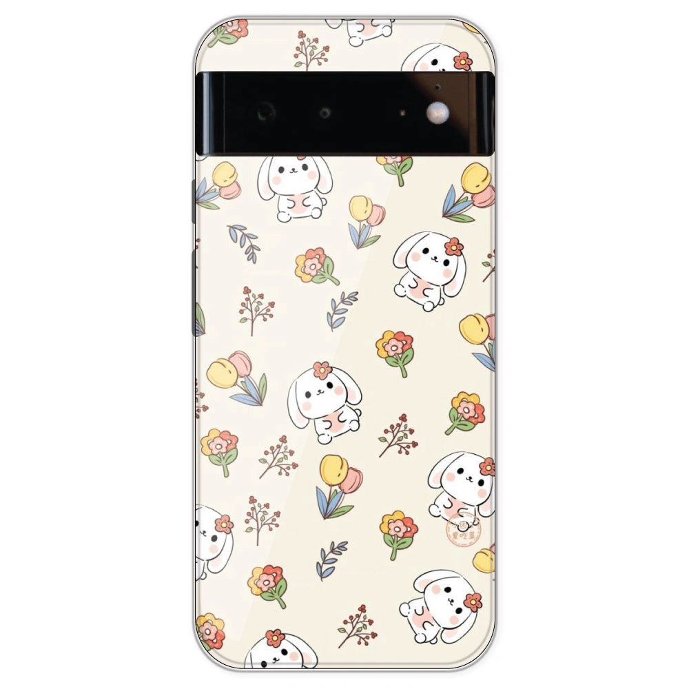 Cute Bunny & Flowers - Printed Silicone Case For Google Pixel 6