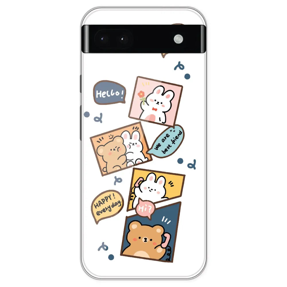 Happy Rabit And Bear - Clear Printed Silicone Case For Google Pixel 6A