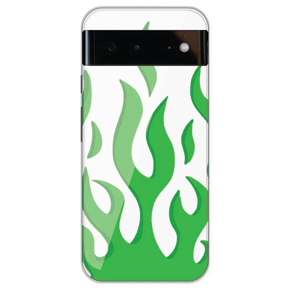 Green Flames - Clear Printed Silicone Case For Google Pixel 6
