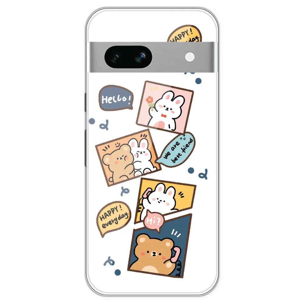 Happy Rabit And Bear - Clear Printed Silicone Case For Google Pixel 7A