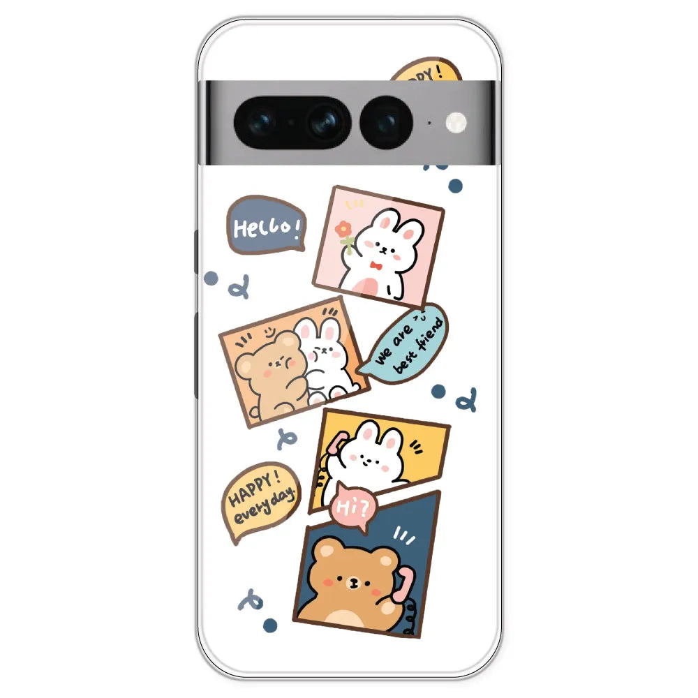 Happy Rabit And Bear - Clear Printed Silicone Case For Google Pixel 7 Pro