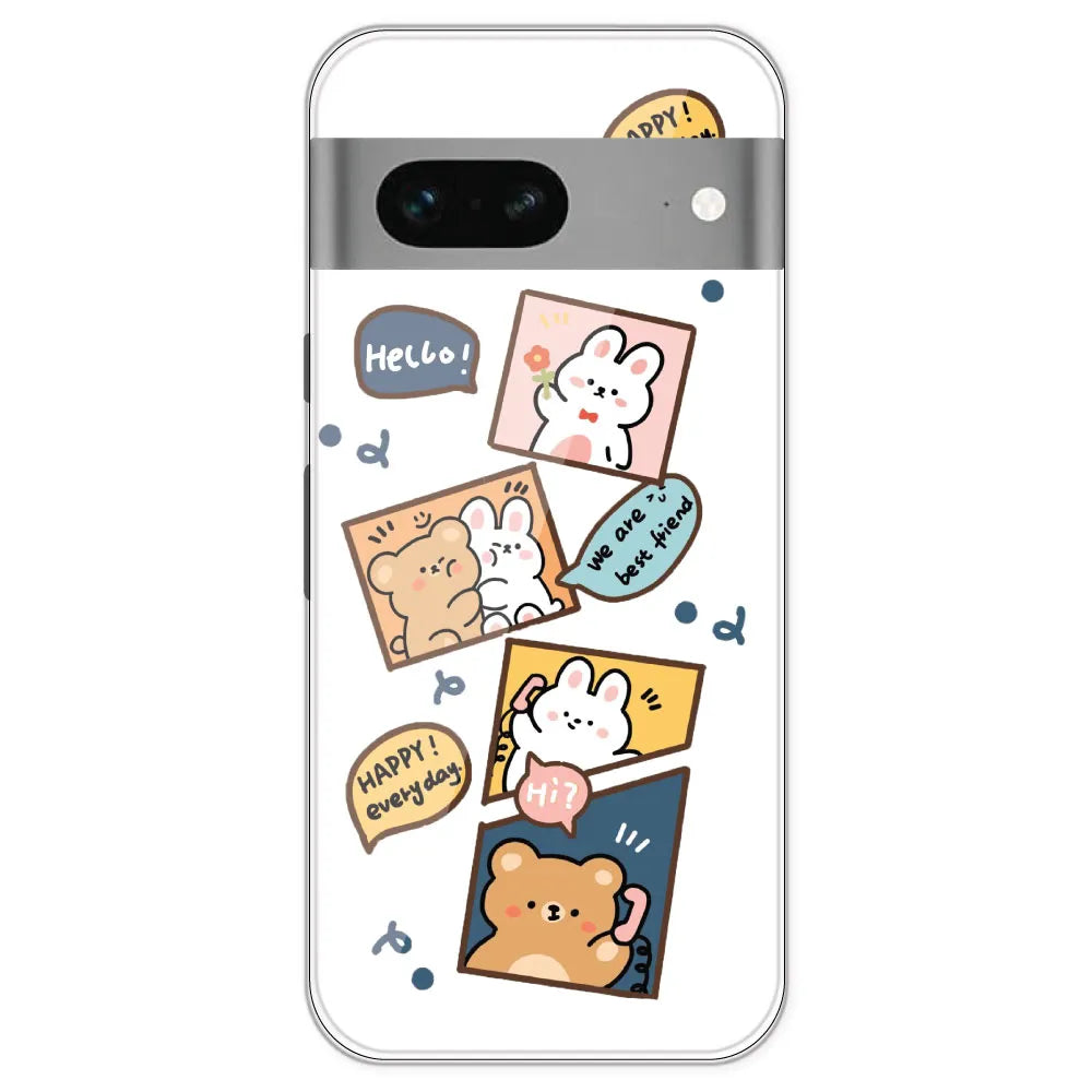 Happy Rabit And Bear - Clear Printed Silicone Case For Google Pixel 7