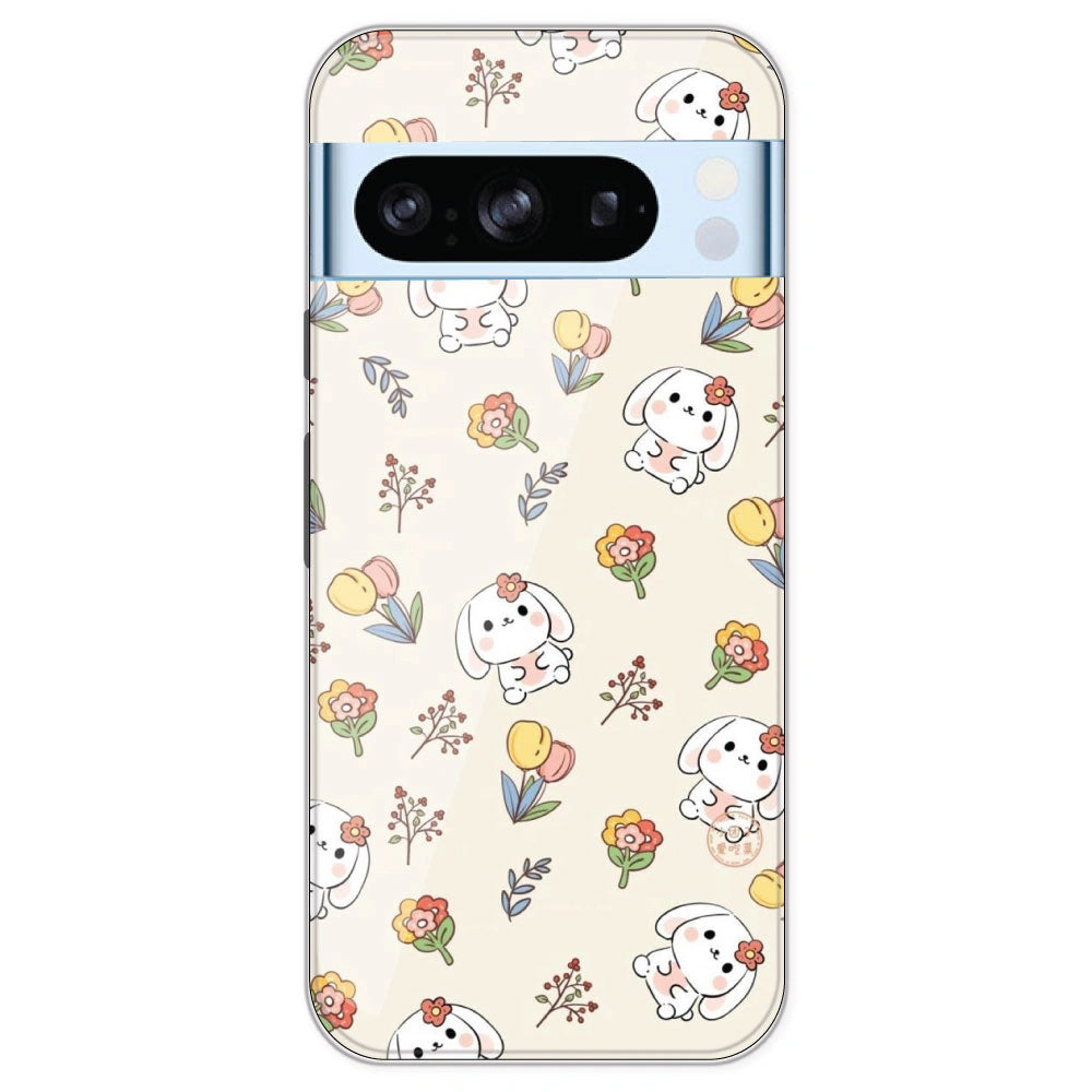 Cute Bunny & Flowers - Printed Silicone Case For Google Pixel 8 Pro
