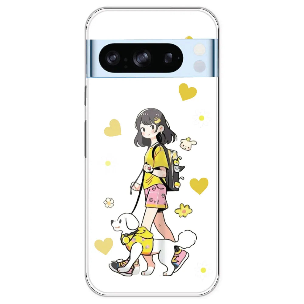Yellow Girl And Dog - Clear Printed Silicone Case For Google Pixel 8 Pro