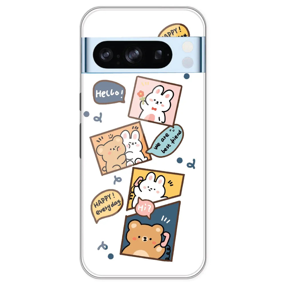 Happy Rabit And Bear - Clear Printed Silicone Case For Google Pixel 8 Pro