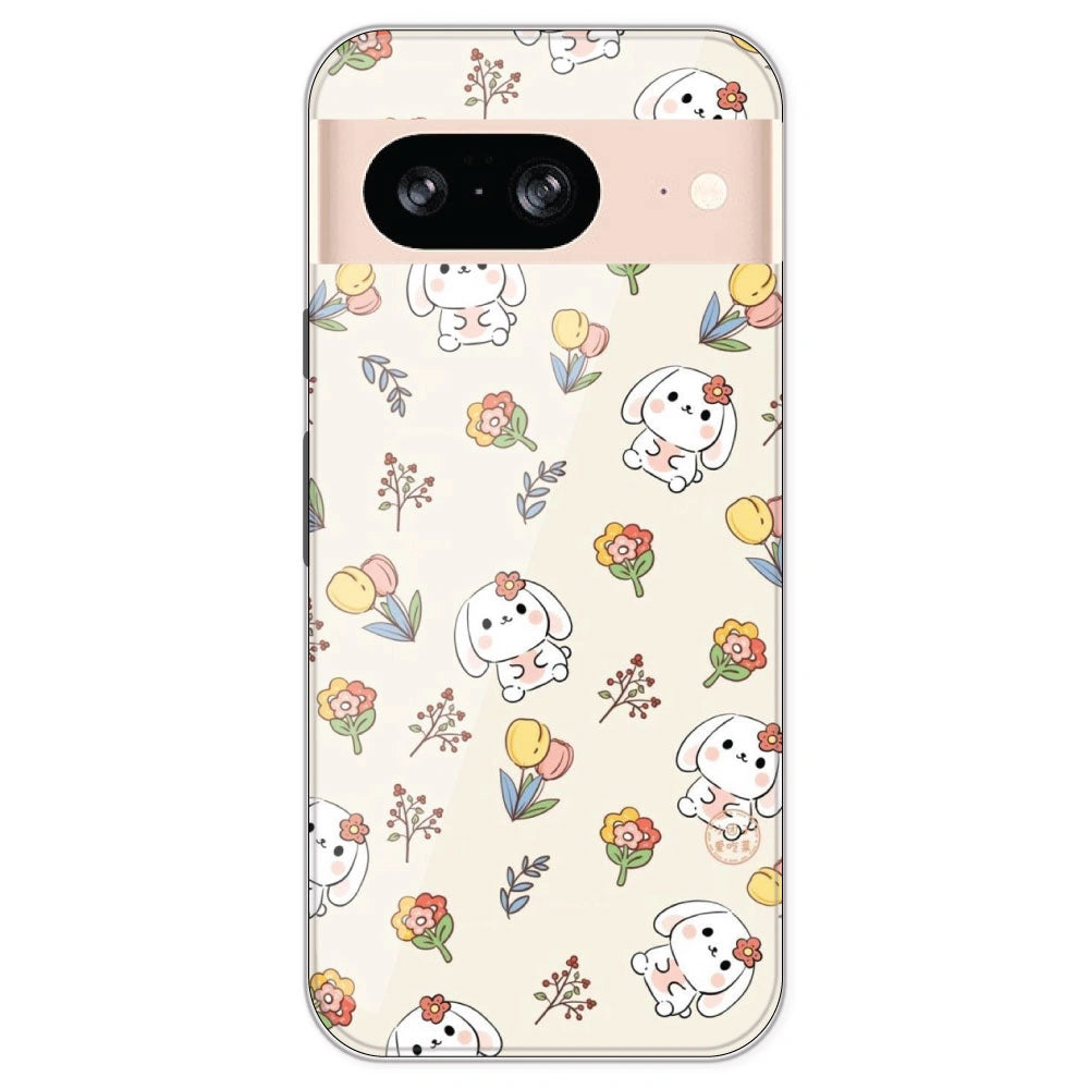 Cute Bunny & Flowers - Printed Silicone Case For Google Pixel 8