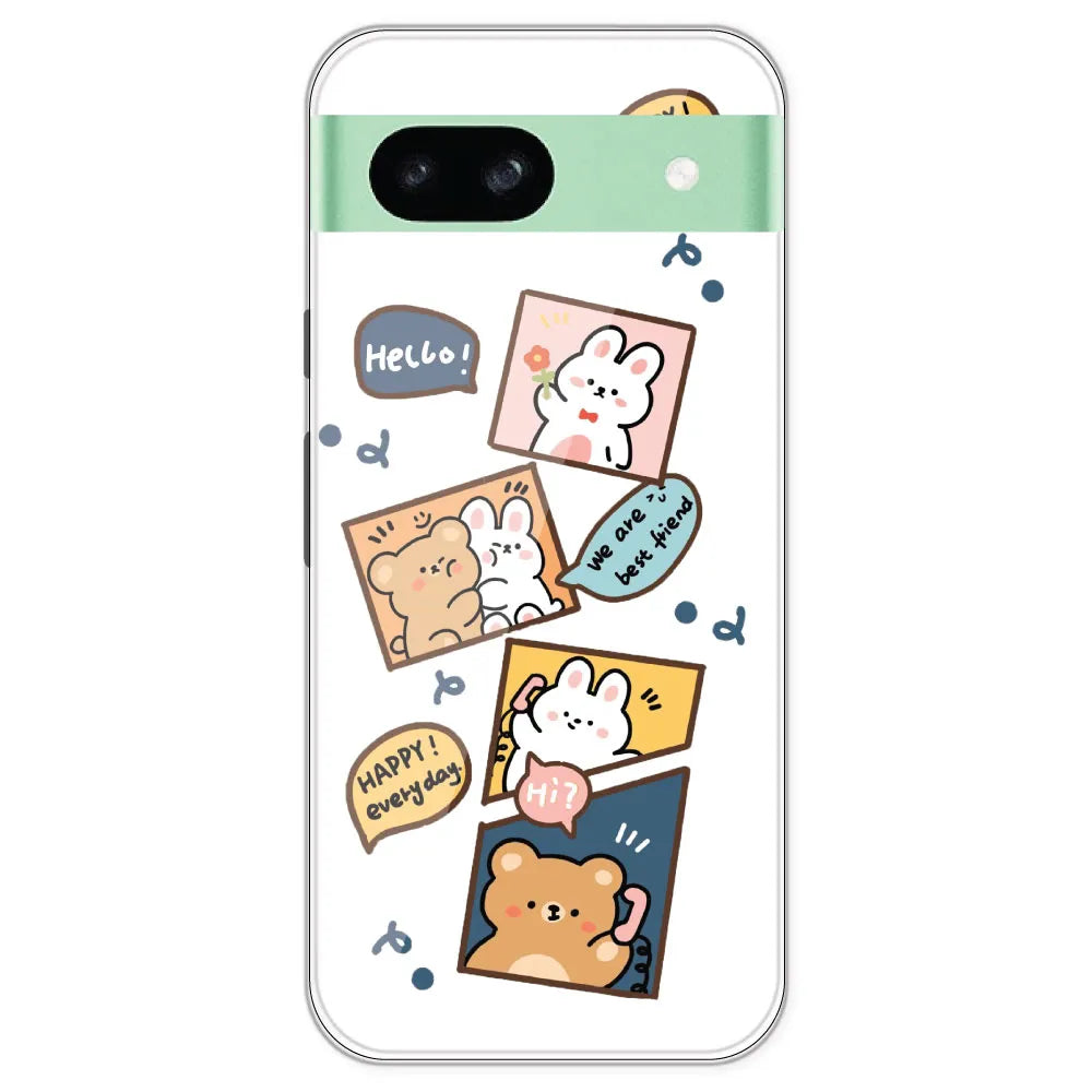 Happy Rabit And Bear - Clear Printed Silicone Case For Google Pixel 8A