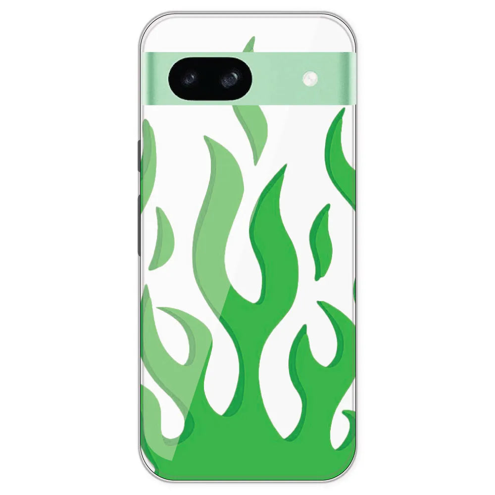 Green Flames - Clear Printed Silicone Case For Google Pixel 8A