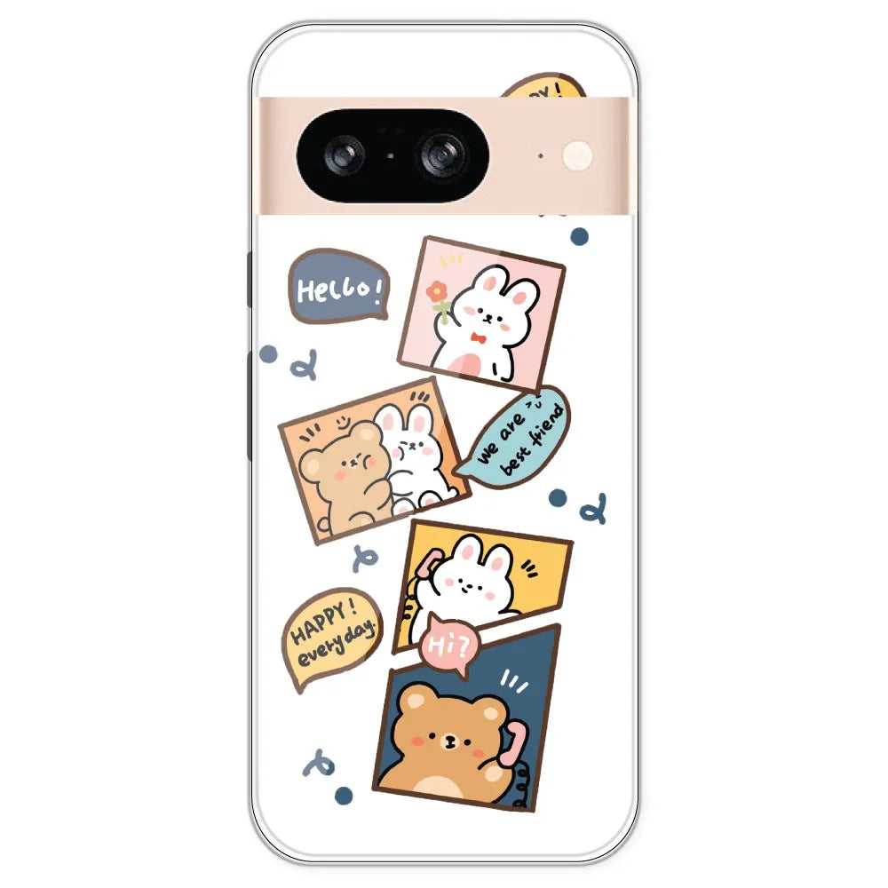 Happy Rabit And Bear - Clear Printed Silicone Case For Google Pixel 8