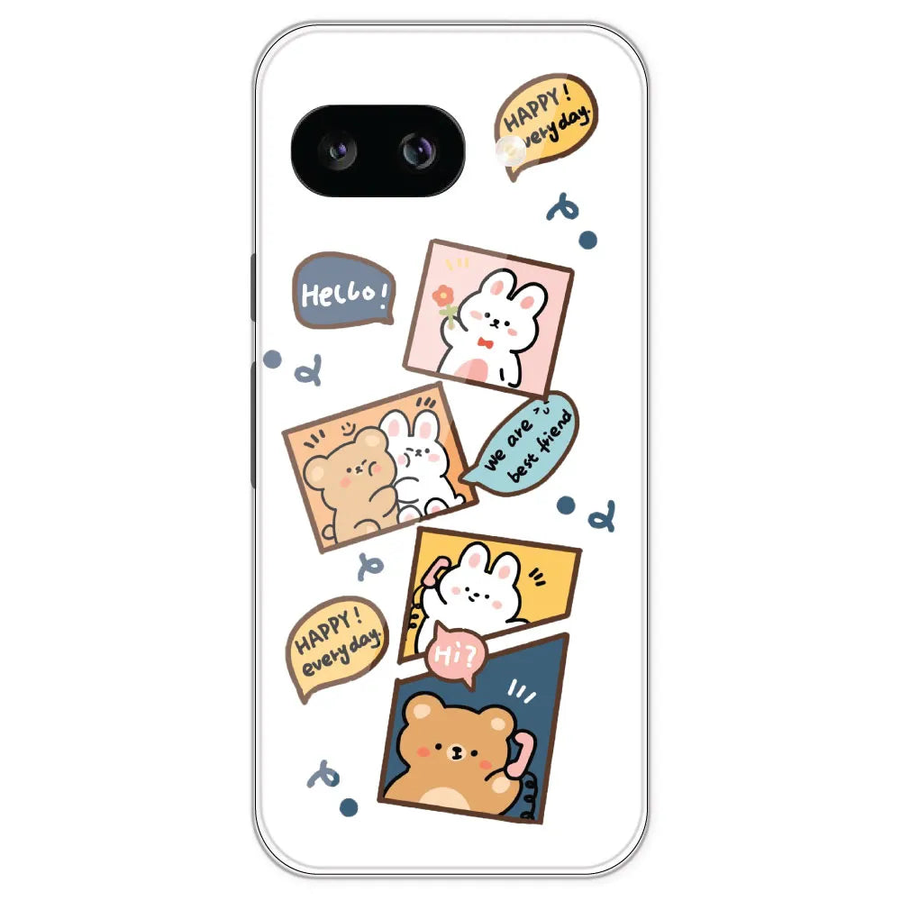 Happy Rabit And Bear - Clear Printed Silicone Case For Google Pixel 9A