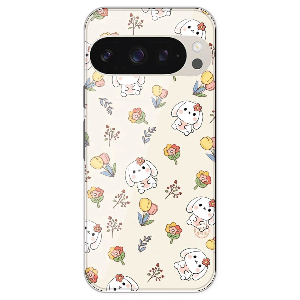Cute Bunny & Flowers - Printed Silicone Case For Google Pixel 9 Pro