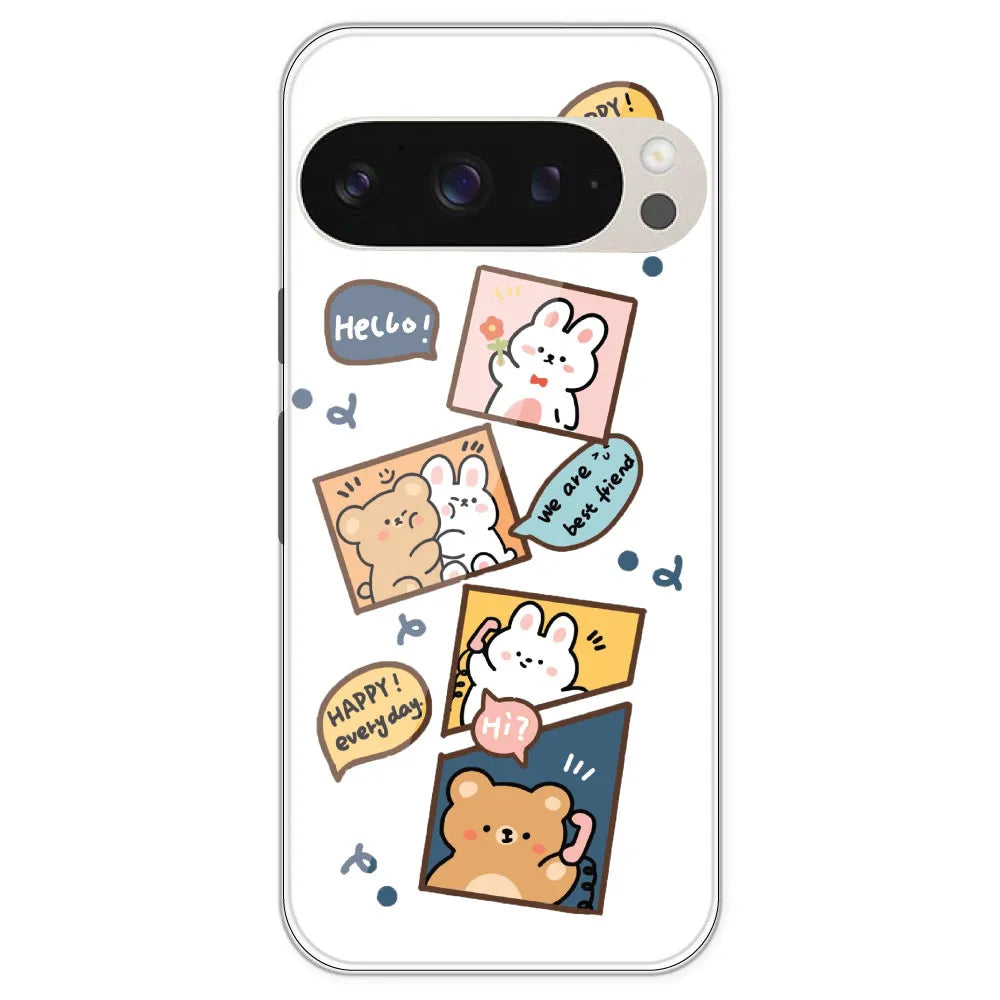 Happy Rabit And Bear - Clear Printed Silicone Case For Google Pixel 9 Pro