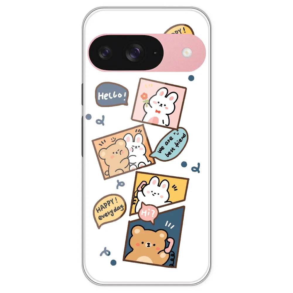Happy Rabit And Bear - Clear Printed Silicone Case For Google Pixel 9