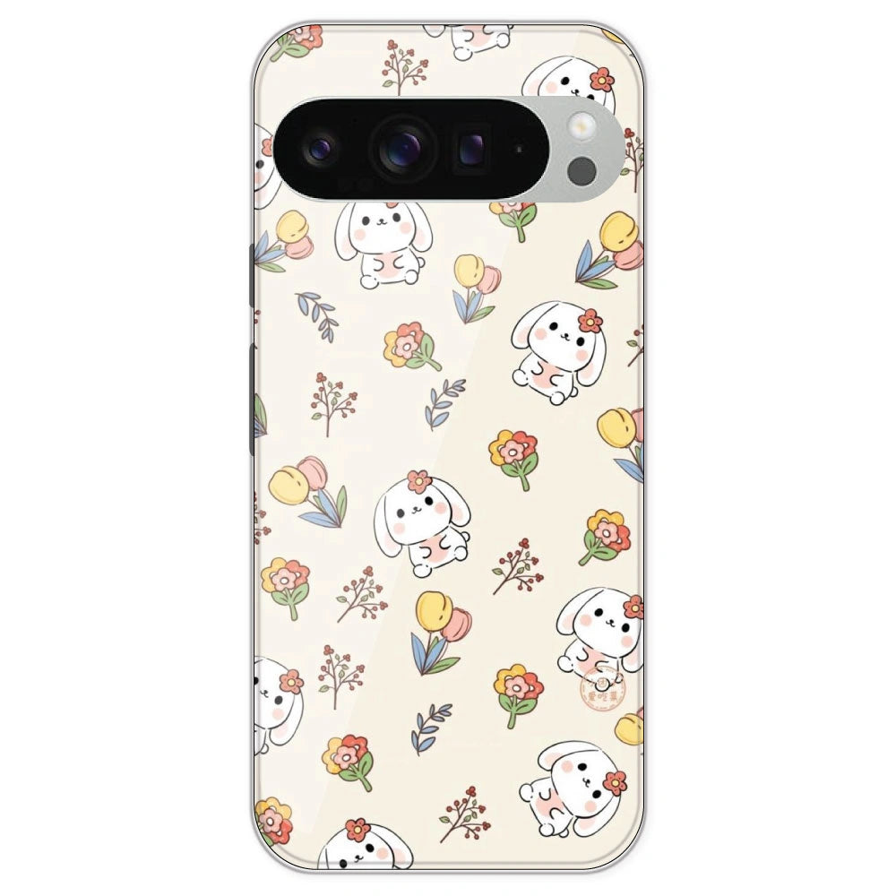 Cute Bunny & Flowers - Printed Silicone Case For Google Pixel 9 Pro XL