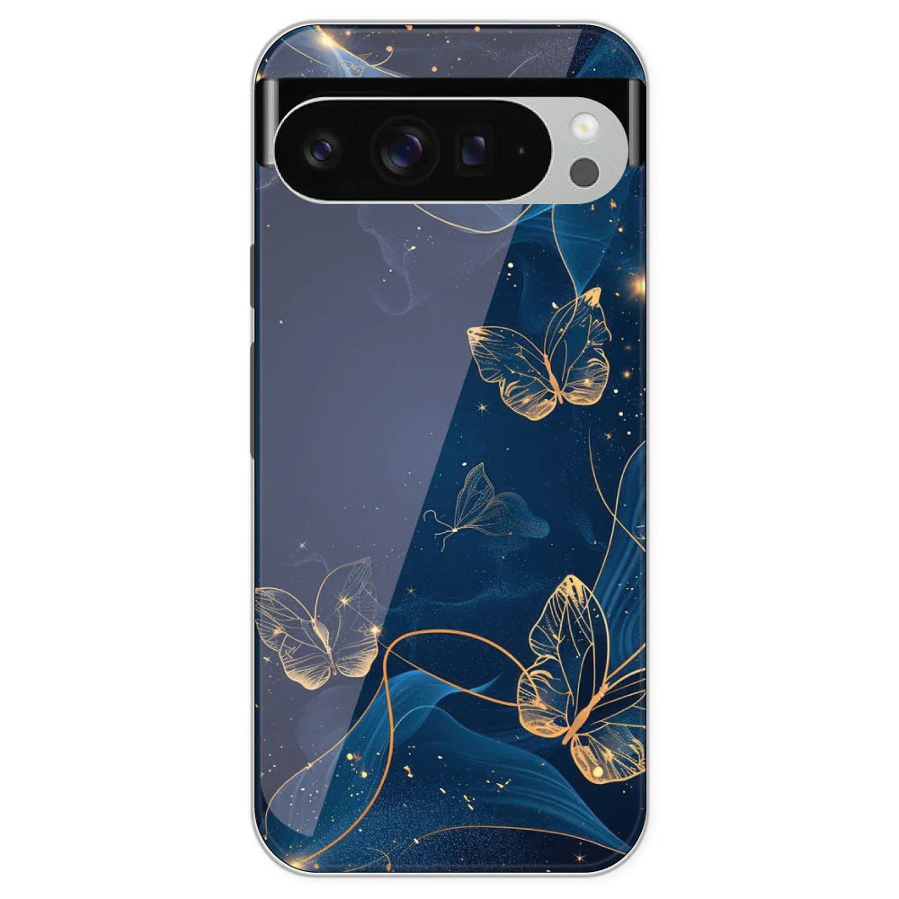 Blue With Gold Butterflies - Printed Silicone Case For Google Pixel 9 Pro XL