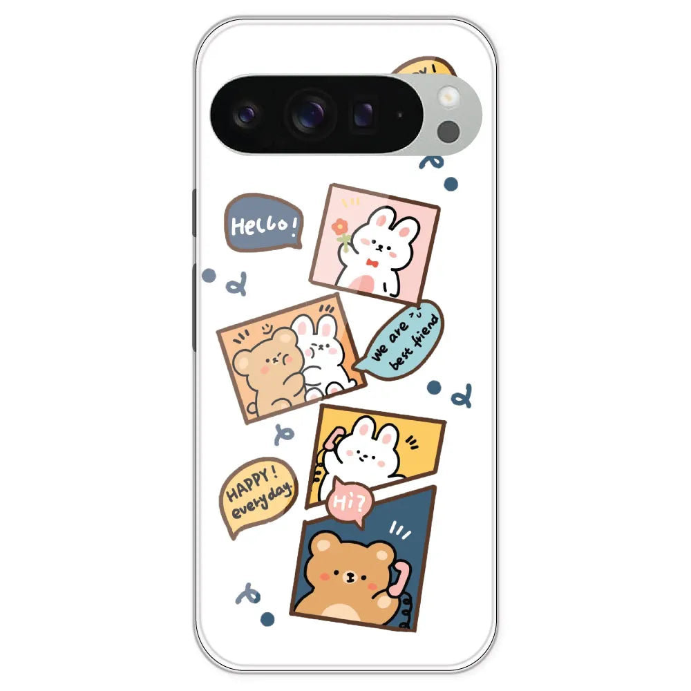 Happy Rabit And Bear - Clear Printed Silicone Case For Google Pixel 9 Pro XL
