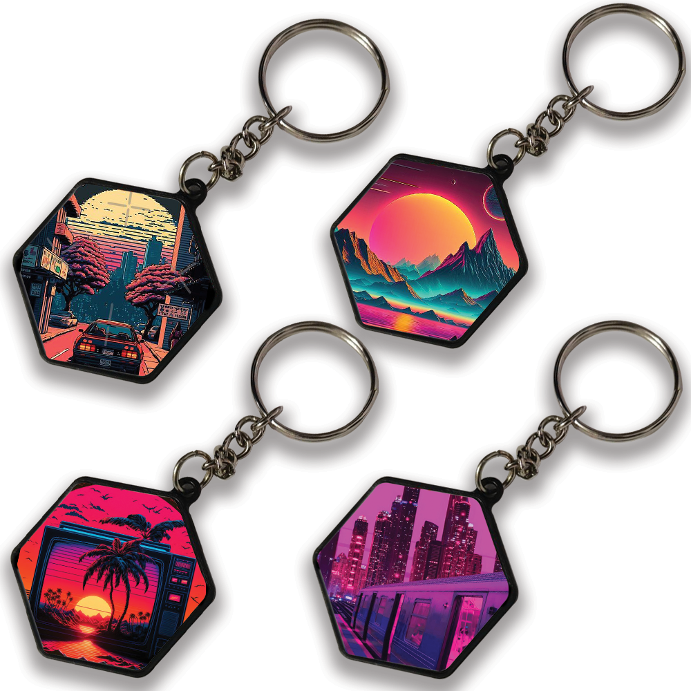 Synthwave City - A Combo Of 4 Keychains hexagon