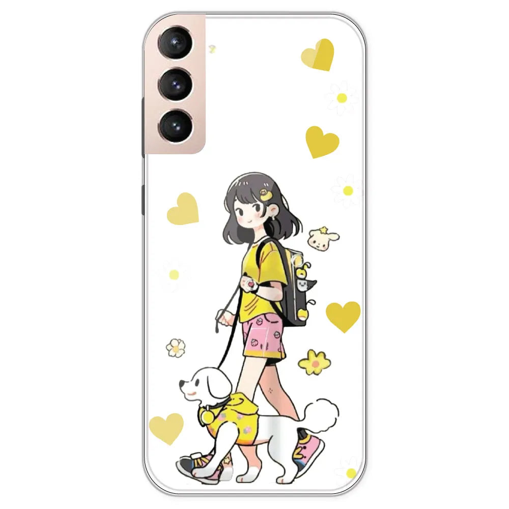 Yellow Girl And Dog - Clear Printed Silicone Case For Samsung Galaxy S21