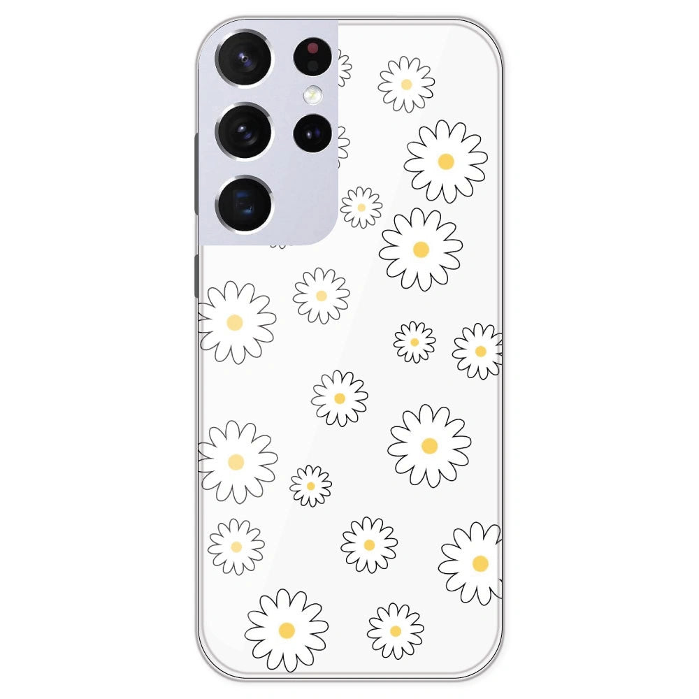 White Flowers - Clear Printed Silicone Case For Samsung Galaxy S21 Ultra
