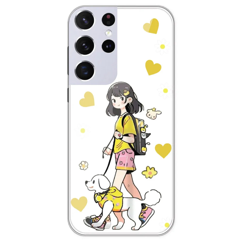 Yellow Girl And Dog - Clear Printed Silicone Case For Samsung Galaxy S21 Ultra