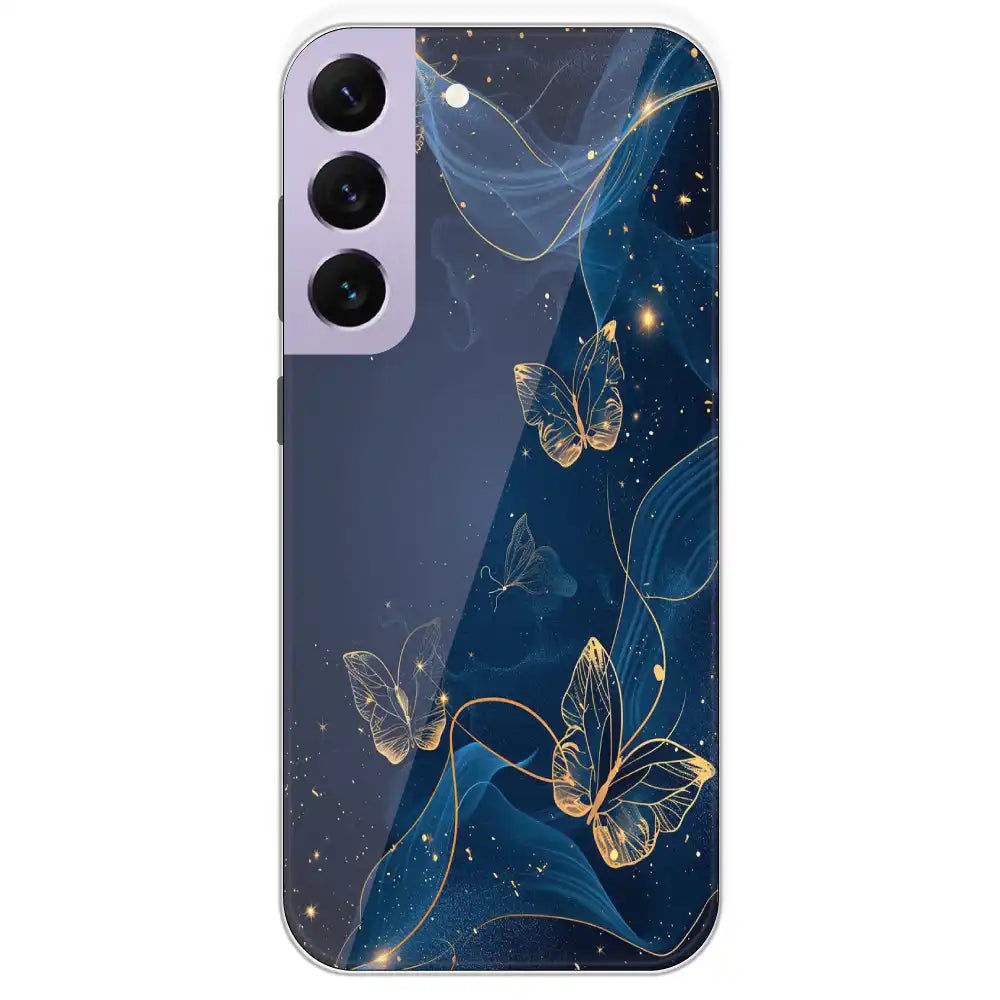 Blue With Gold Butterflies - Printed Silicone Case For Samsung Galaxy S22 Plus