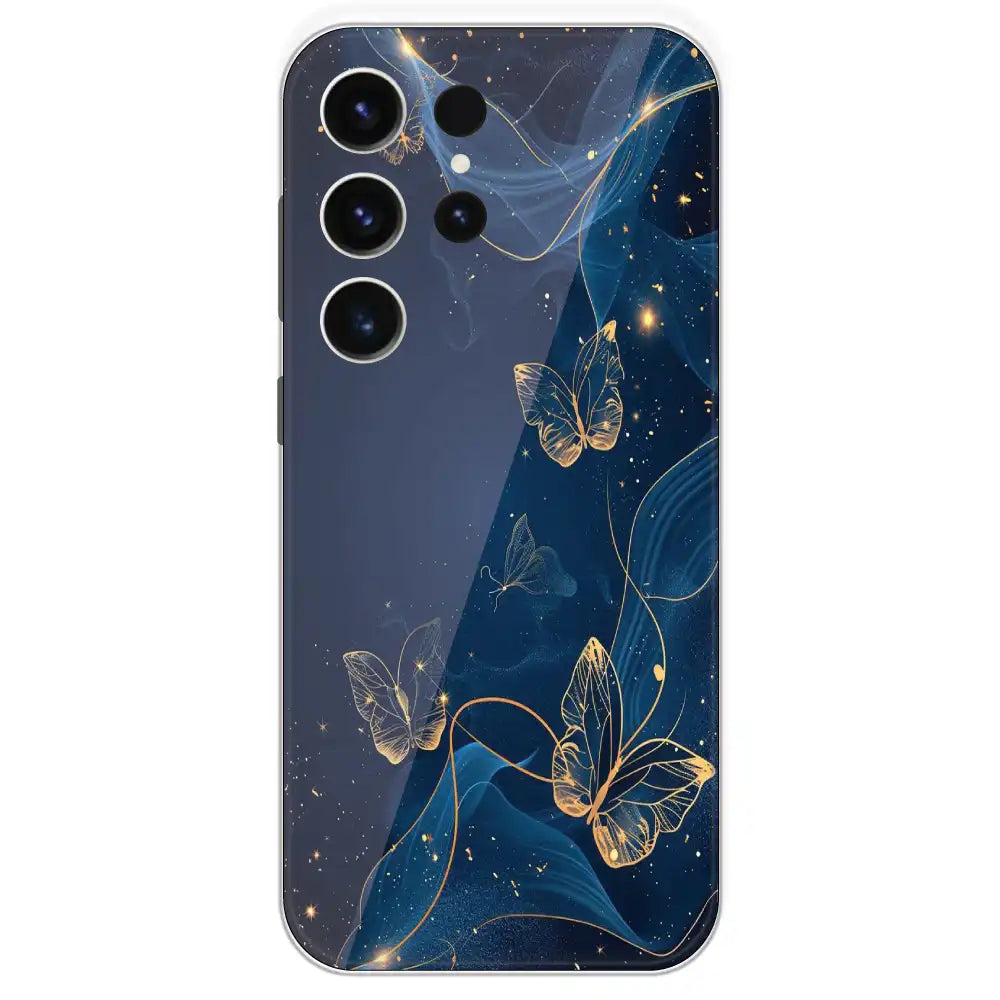 Blue With Gold Butterflies - Printed Silicone Case For Samsung Galaxy S23 Ultra