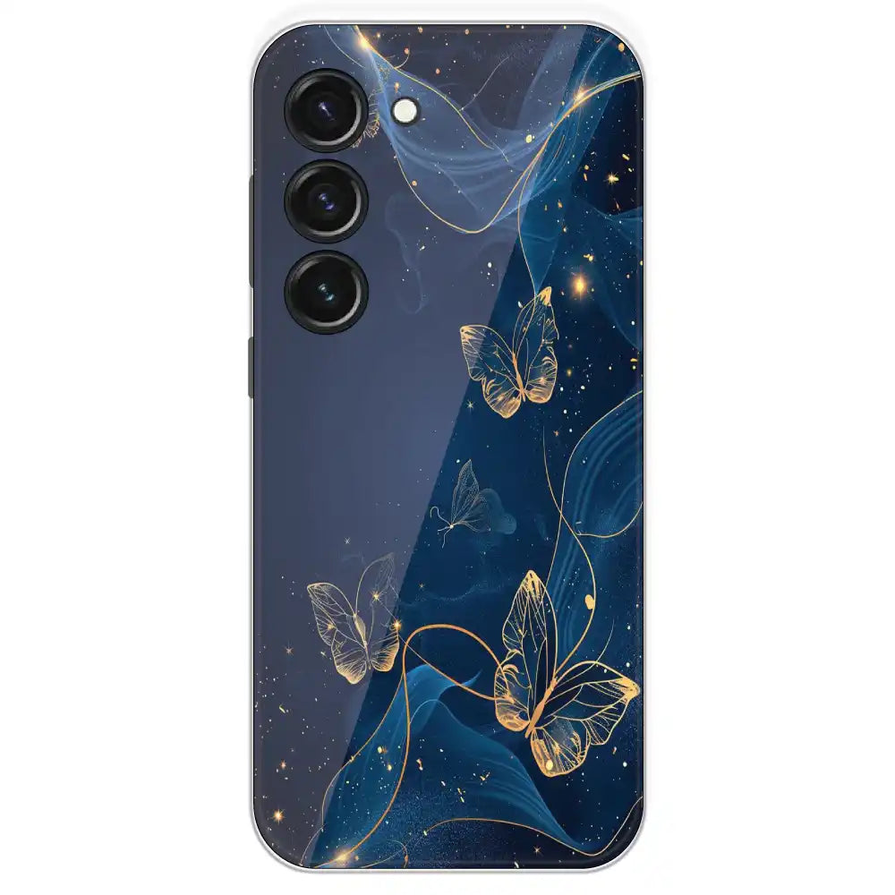 Blue With Gold Butterflies - Printed Silicone Case For Samsung Galaxy S23