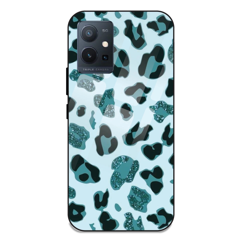 Blue Leopard Glitter Print - Glass Case For Vivo T1 5G