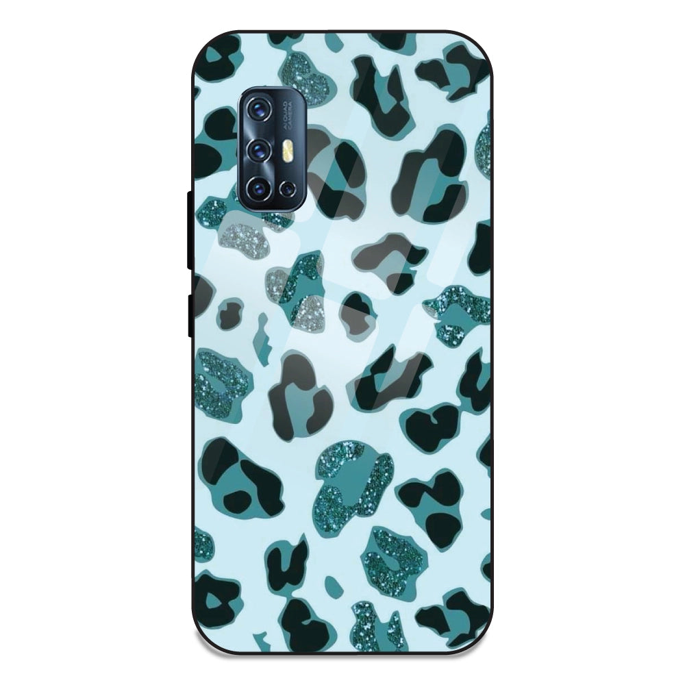 Blue Leopard Glitter Print - Glass Case For Vivo V17