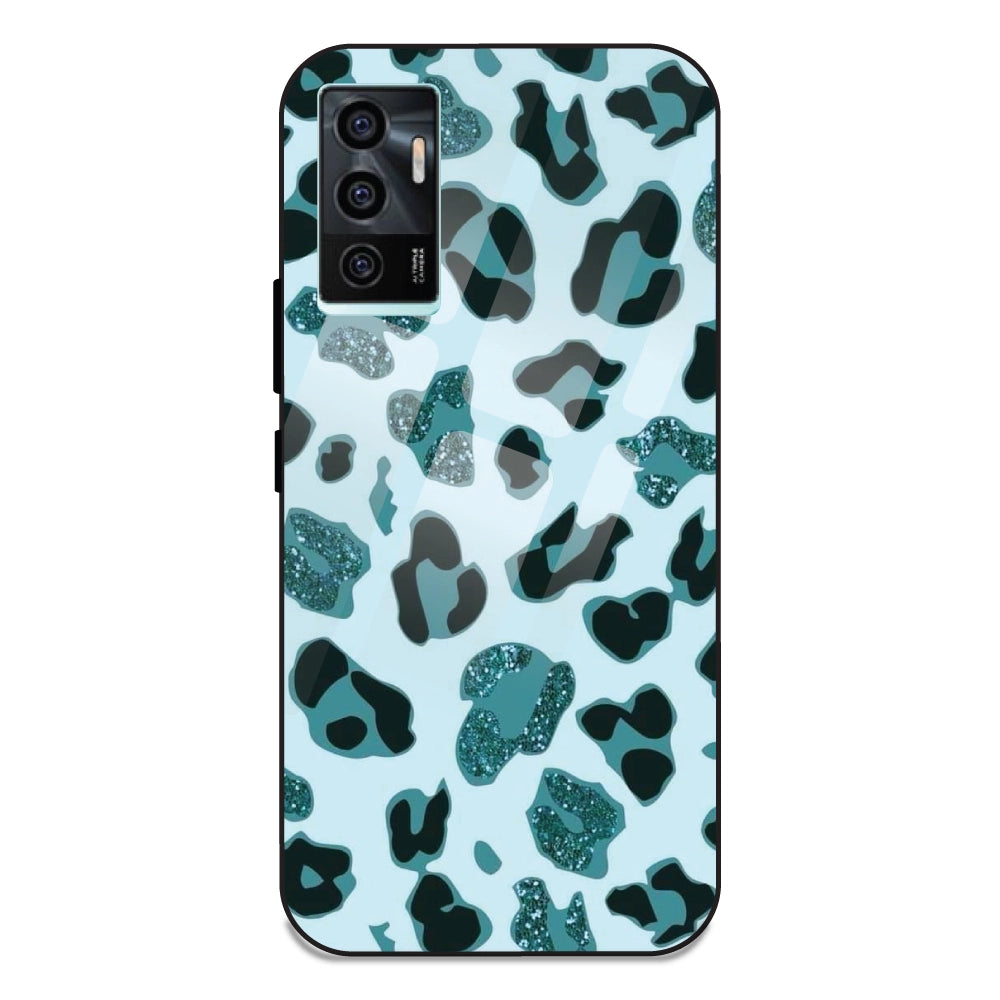 Blue Leopard Glitter Print - Glass Case For Vivo V21E 5G