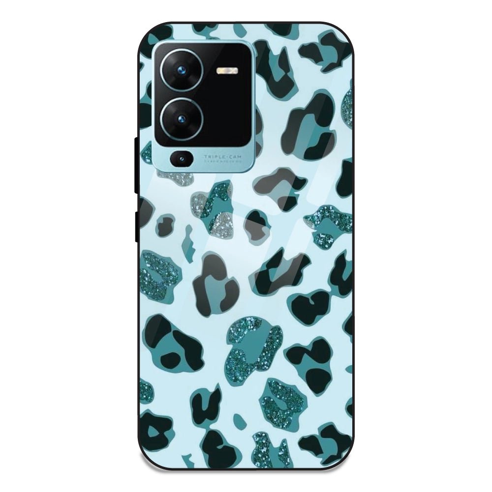 Blue Leopard Glitter Print - Glass Case For Vivo V25 Pro