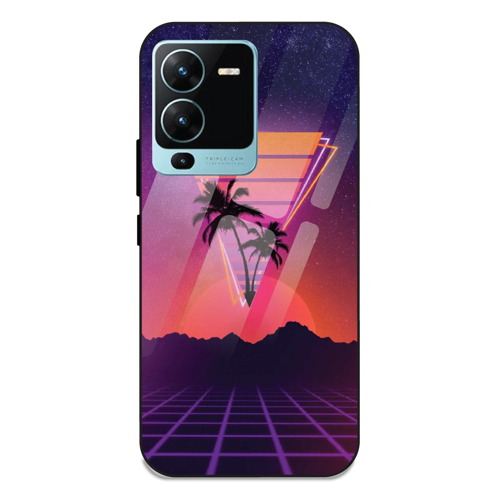 Sunset Grid Synthwave - Glass Case For Vivo V25 Pro