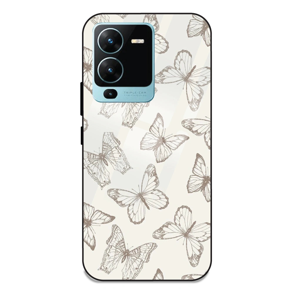 White Butterflies - Glass Case For Vivo V25 Pro