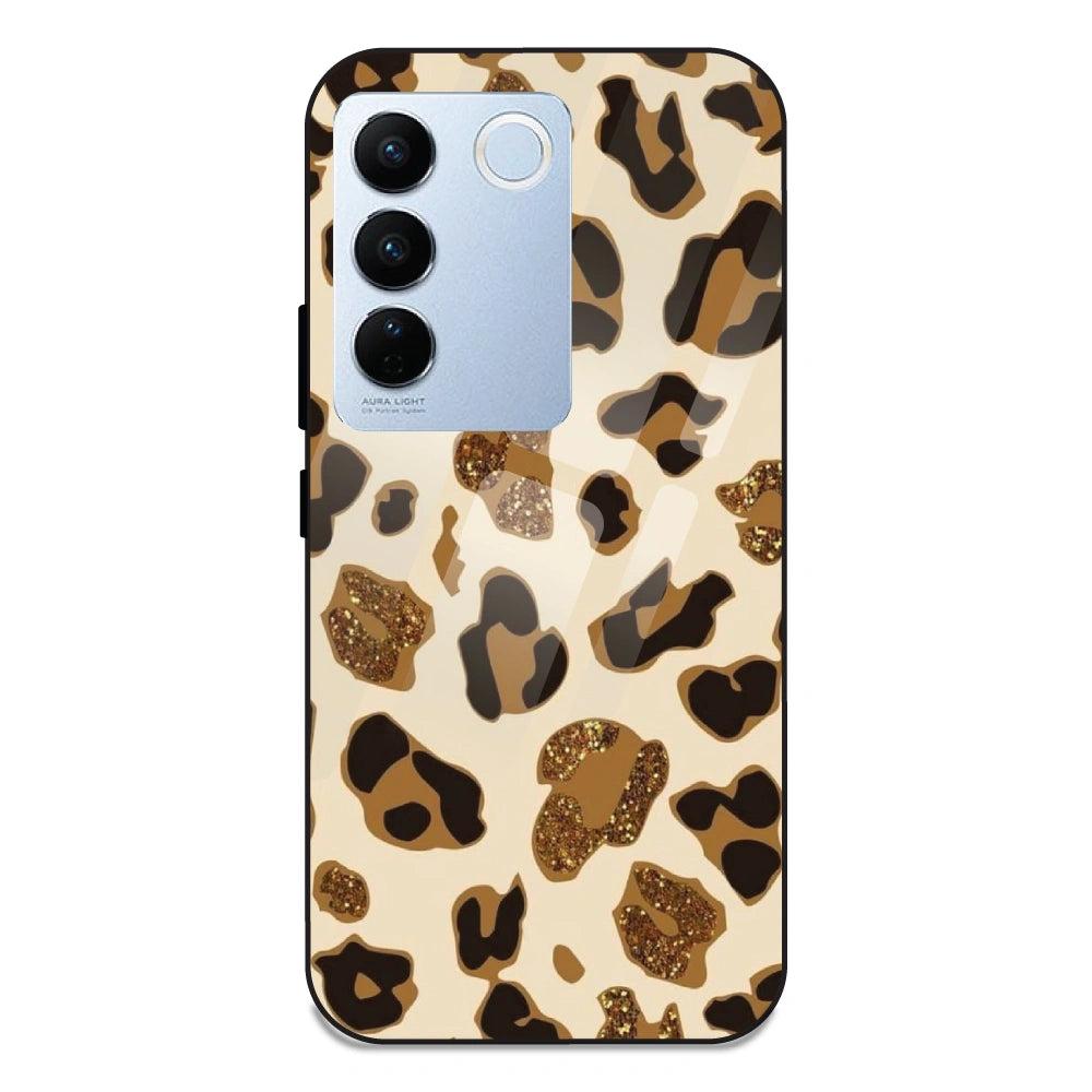 Leopard Glitter Print- Glass Case For Vivo V27 Pro
