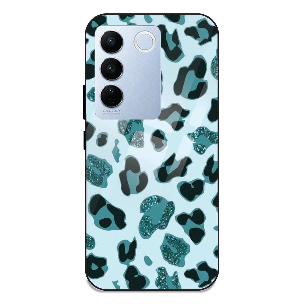 Blue Leopard Glitter Print - Glass Case For Vivo V27 Pro