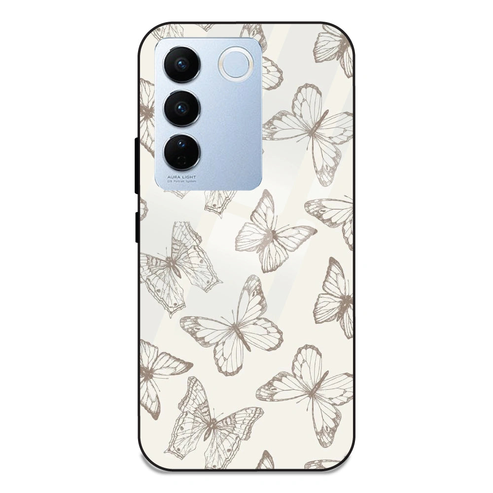 White Butterflies - Glass Case For Vivo V27