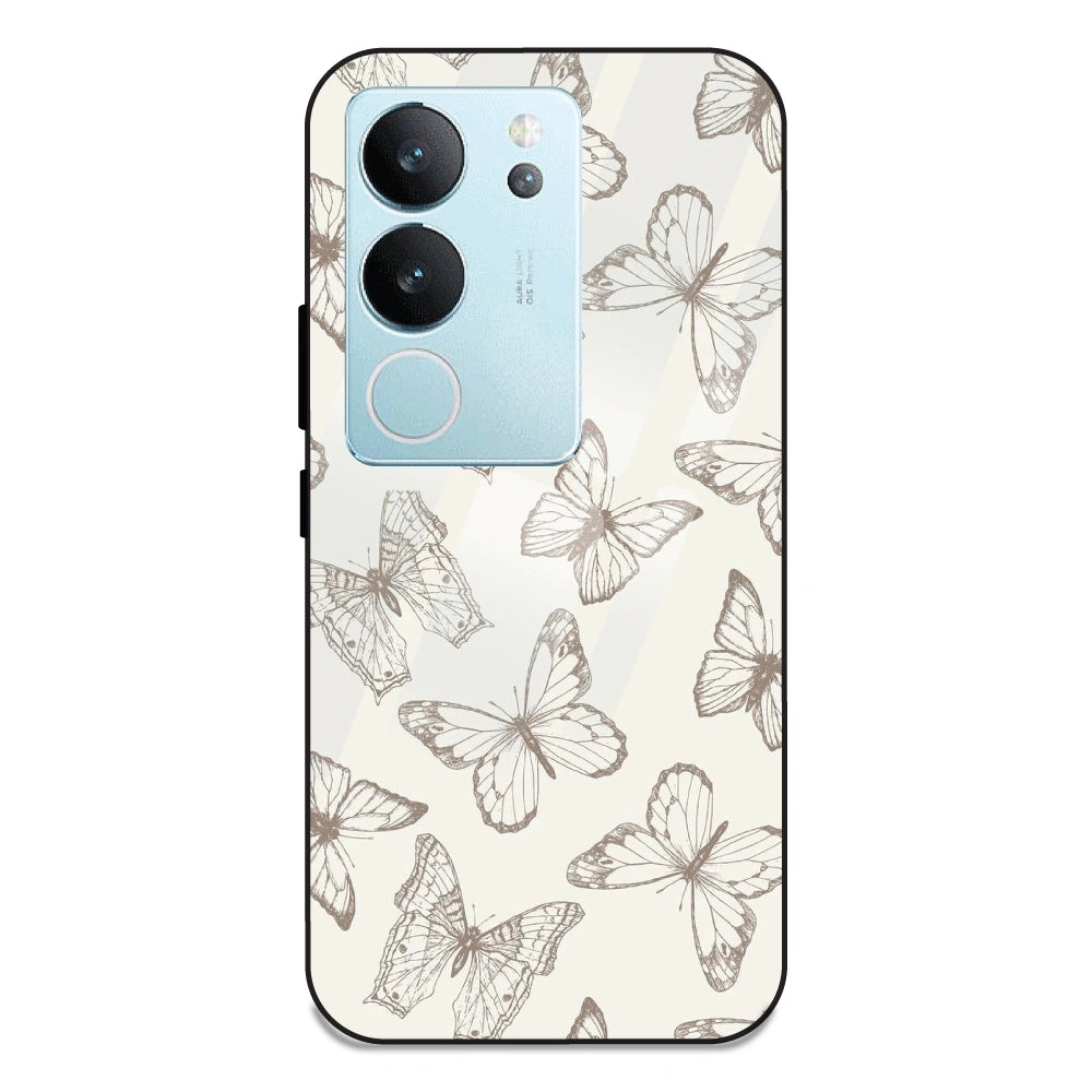 White Butterflies - Glass Case For Vivo V29 5G