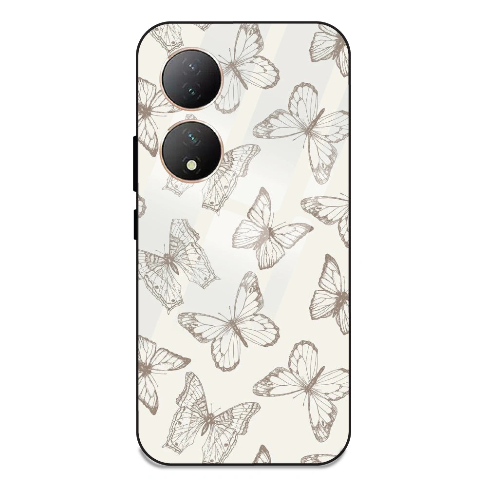 White Butterflies - Glass Case For Vivo Y100