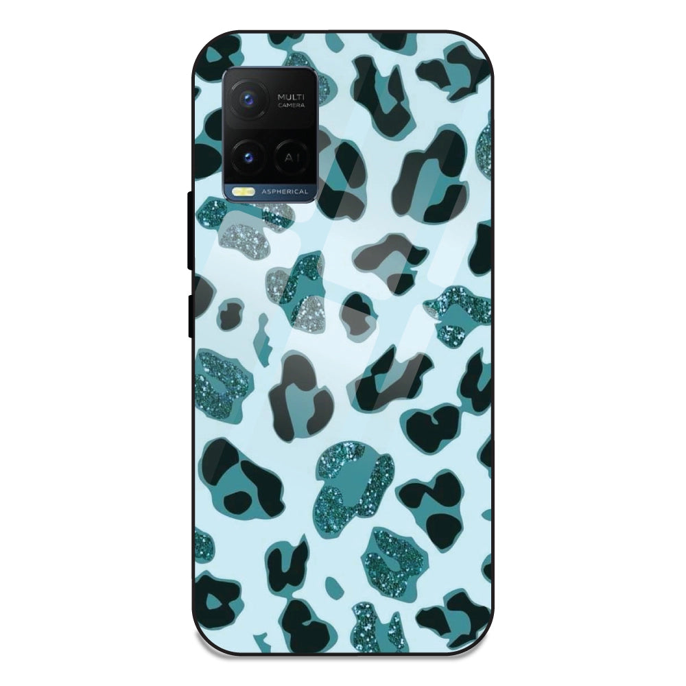 Blue Leopard Glitter Print - Glass Case For Vivo Y21T
