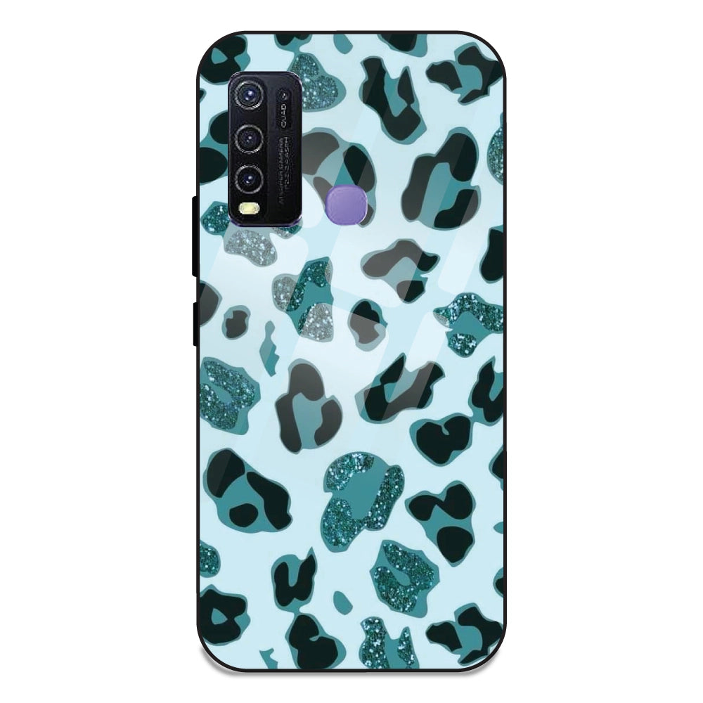 Blue Leopard Glitter Print - Glass Case For Vivo Y30