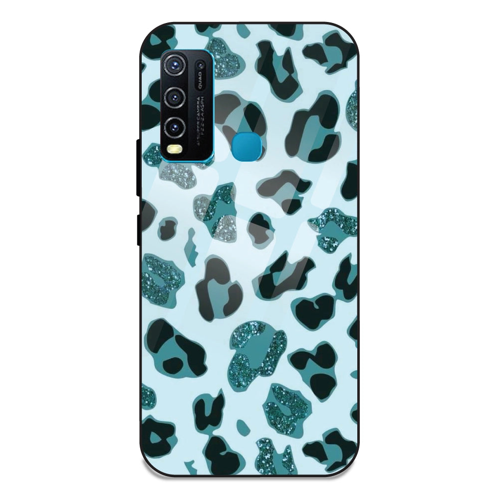 Blue Leopard Glitter Print - Glass Case For Vivo Y50