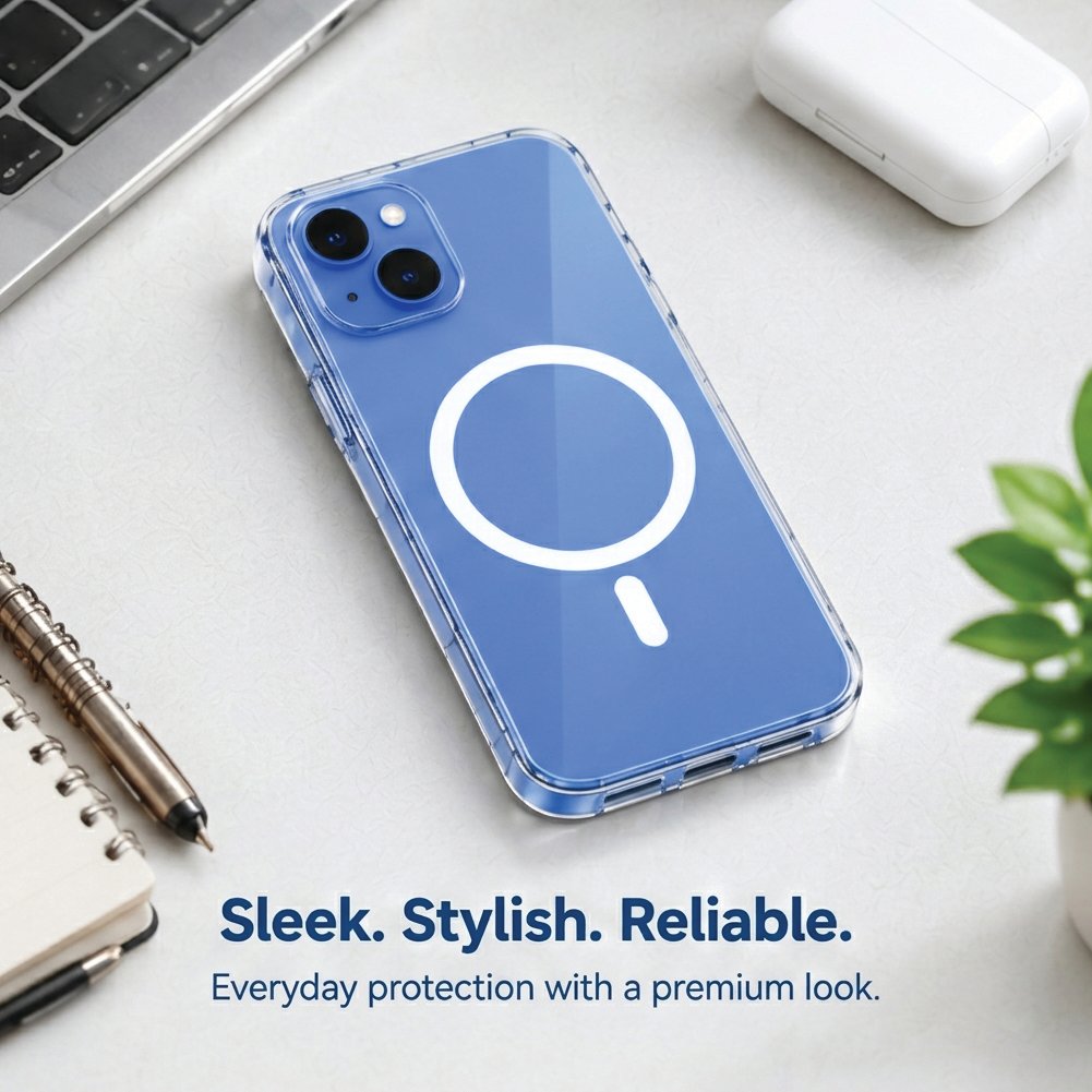 Anti-yellow MagSafe clear case on a desk - iPhone 15 Plus