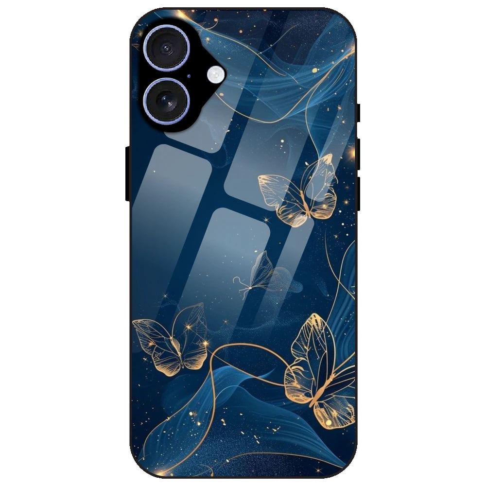 Blue With Gold Butterflies - Glass Case for Apple iPhone 17