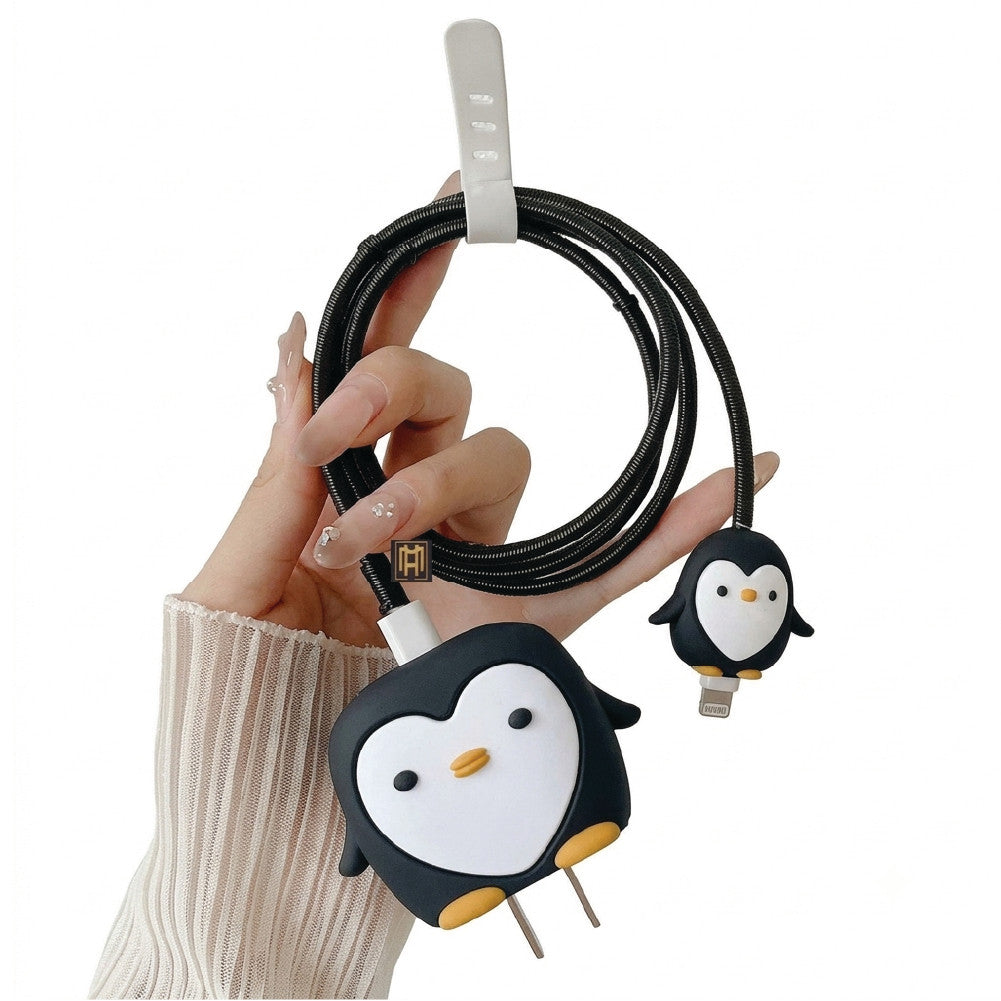 Penguin silicone adapter cover and cable protector in use on a iPhone 18W/20W Adapter