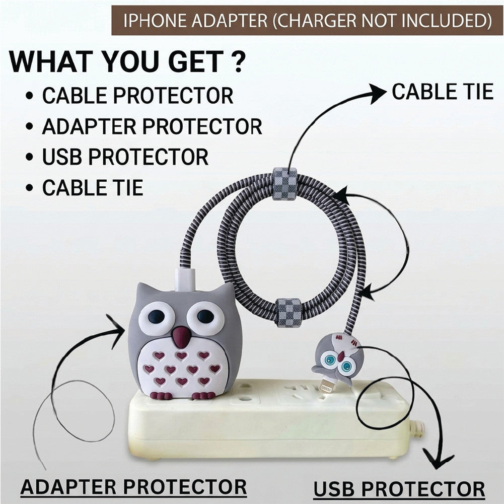 What you get β Owl adapter protector, USB protector, cable protector and cable tie