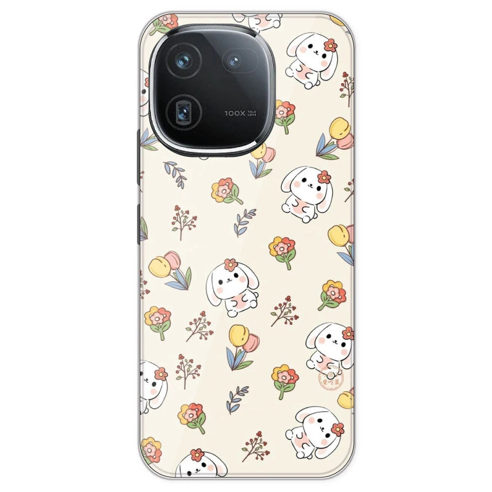 Cute Bunny And Flowers- Printed Silicone Case For IQOO 12