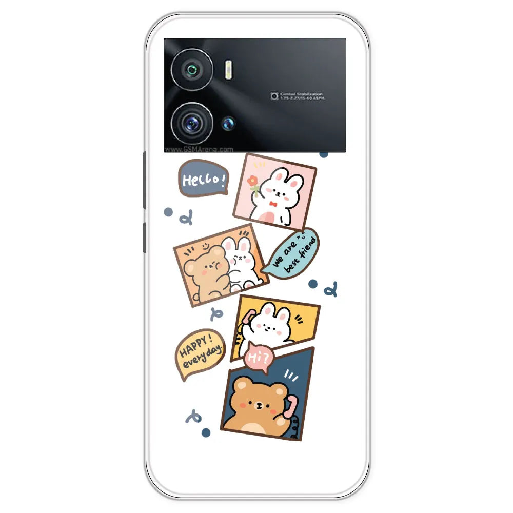 Happy Rabit And Bear - Clear Printed Silicone Case For IQOO 9 Pro