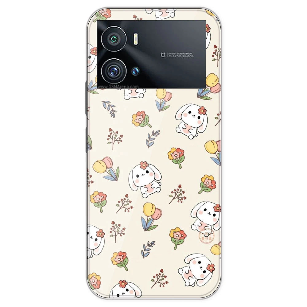 Cute Bunny And Flowers- Printed Silicone Case For IQOO 9 Pro